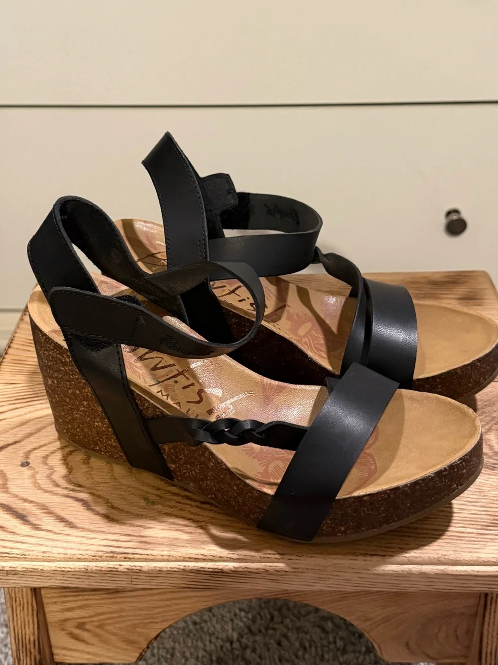 Blowfish Black Cork Wedge Sandals with Braided Strap Detail